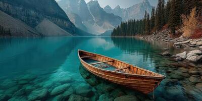 Tranquil wooden boat floating on clear lake surrounded by majestic mountains and evergreen trees in early morning light photo