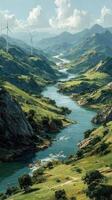 Breathtaking landscape showcasing river, hills, and wind turbines during a sunny day photo