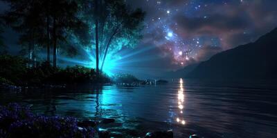 Nighttime landscape with glowing water and starry sky reflecting under moonlight in a serene nature setting photo