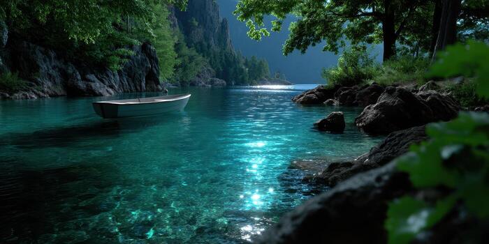 Tranquil boat floating in crystal clear waters surrounded by lush greenery and rocky shore at twilight photo