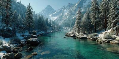 Winter landscape with snow-covered mountains, a frozen river, and evergreen trees under clear blue skies photo