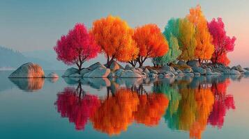 Colorful autumn trees reflecting in calm water at a tranquil lakeside location during sunset photo