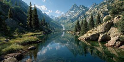 Scenic mountain landscape with tranquil lake reflecting towering peaks and lush greenery in bright daylight photo
