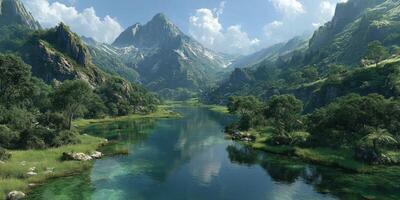 Majestic mountain landscape with a serene river surrounded by lush greenery under a bright blue sky photo