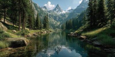 Majestic mountain landscape with serene lake and lush forests under bright blue sky photo