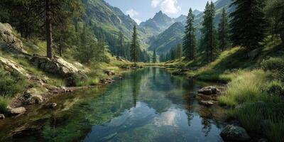 Serene mountain landscape with a clear river reflecting the sky and surrounded by lush greenery and towering peaks photo