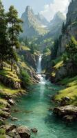 Majestic mountain landscape with a cascading waterfall and tranquil river under clear blue skies photo