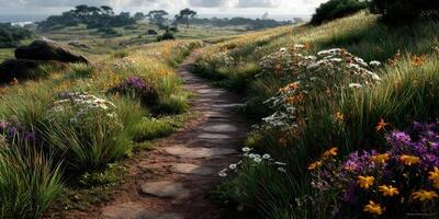 Beautiful pathway surrounded by vibrant wildflowers in a serene landscape during a sunny afternoon photo