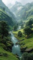 Lush river valley with mist over mountains under soft sunlight during early morning hours photo