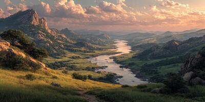 Expansive river flowing through rugged mountains at sunset, with vibrant clouds and lush green valley photo
