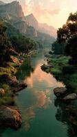 Serene river winding through lush greenery and rocky terrain at sunset in a mountainous landscape photo