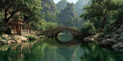Serene landscape with a traditional bridge and lush greenery near a tranquil river at midday photo