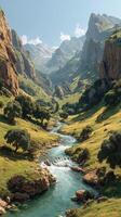 Serene river flowing through lush green valley surrounded by majestic mountains on a sunny day photo