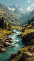 Mountain valley with a flowing river and rocky landscape under a clear blue sky during the day photo