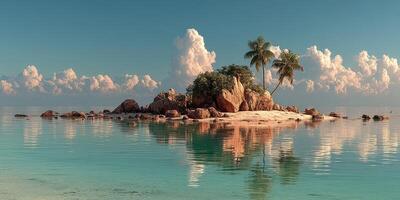 Serene tropical island with palm trees and calm waters under a bright sky reflecting clouds photo