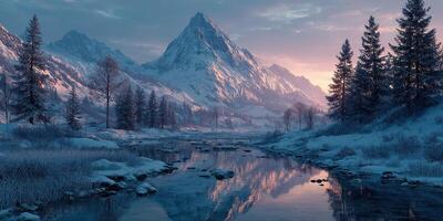 Majestic snow-covered mountains reflect in a serene river during twilight hours in a tranquil winter landscape photo