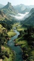 Majestic river flows through lush valley with mountains in background during early morning hours photo