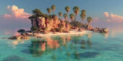 Tropical island with palm trees reflecting in calm waters during sunset in a serene coastal landscape photo