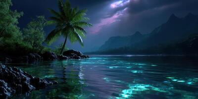 Tranquil waters reflect moonlight beneath stormy skies in a serene tropical landscape near mountains photo