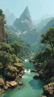 Serene river flowing through a mountainous landscape with lush greenery under clear blue skies at midday photo