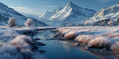 Snow-covered mountains rise majestically above a serene river in a winter landscape at dawn photo