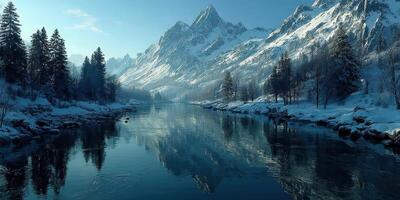 Snowy mountain landscape with a calm river reflecting the majestic peaks during early morning light photo