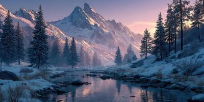 Snow-covered mountains reflect in a tranquil river during early morning light in a peaceful winter landscape photo