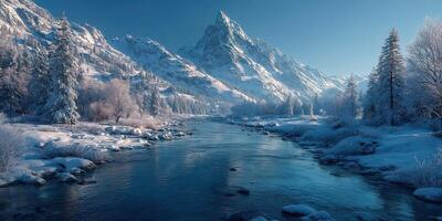 Snow-covered mountains and a serene river reflect a peaceful winter morning in the wilderness photo