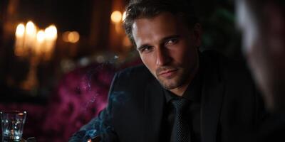 Elegant man in black suit engaged in deep conversation with a mysterious aura in a candlelit lounge during the evening photo