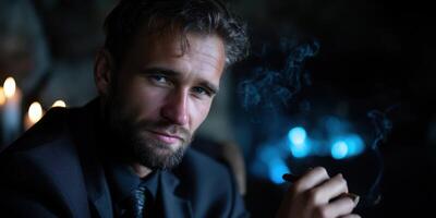 Portrait of a man in a dark setting with smoke, late evening ambiance, showcasing elegance and intrigue photo