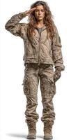 Female soldier in camouflage outfit performing a salute in a neutral pose with determination and pride photo