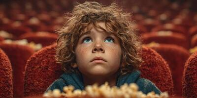 Young boy watches intently in a movie theater filled with cozy red seats while enjoying popcorn photo