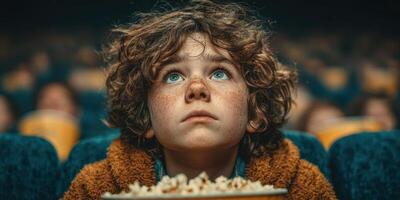 Child watches movie in theater with excitement and anticipation while holding a bowl of popcorn during afternoon showing photo