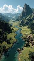 Breathtaking river winding through lush green valley surrounded by majestic mountains under a bright blue sky photo
