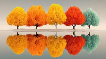 Vibrant autumn trees reflecting in calm water during sunset at a serene lakeside location photo