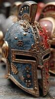 Intricately crafted ancient helmet showcasing detailed metalwork in a historical display photo