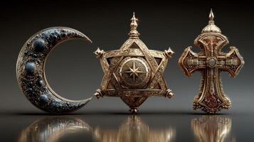 Religious symbols displayed together showcasing intricate designs and craftsmanship in a gallery setting photo