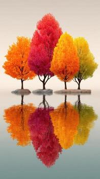 Vibrant autumn trees reflecting in calm water create a stunning natural display at sunset photo