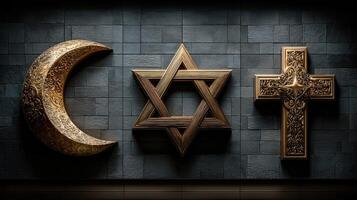 Symbols of faith displayed in elegant design on a textured stone wall photo