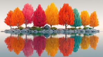 Vibrant autumn trees reflecting in calm water create a serene landscape by a tranquil shore photo
