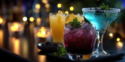 Colorful cocktails served at a lively bar with ambient lighting during an evening gathering photo