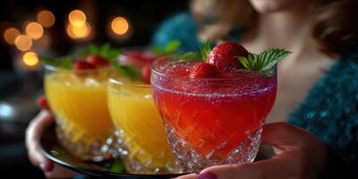 Colorful cocktails served at a festive gathering with fresh fruit garnishes in a cozy ambiance photo