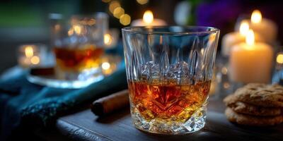 Evening gathering with whiskey, cookies, and candlelight for a cozy atmosphere and relaxation photo
