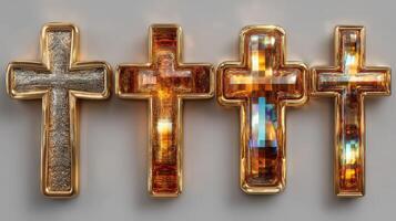 Unique collection of decorative crosses designed with various materials and intricate details displayed together in a captivating arrangement photo