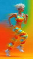 Energetic runner in vibrant clothing moves swiftly against a colorful background photo