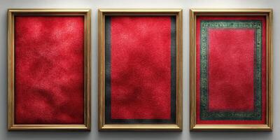Decorative wall featuring three empty frames with elegant red velvet backgrounds in a stylish gallery photo