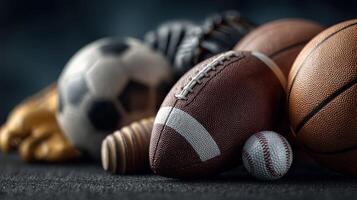 Sporting equipment arranged highlighting various games including soccer, football, baseball, and basketball for enthusiasts and athletes photo