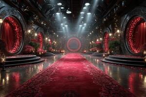 Lavish indoor event space adorned with red decorations and glowing lights for a grand celebration photo