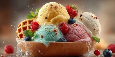 Colorful ice cream sundae topped with fresh fruits and nuts in a wooden bowl photo