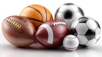 Different types of sports balls arranged together on a white background showcasing variety in sport activities photo